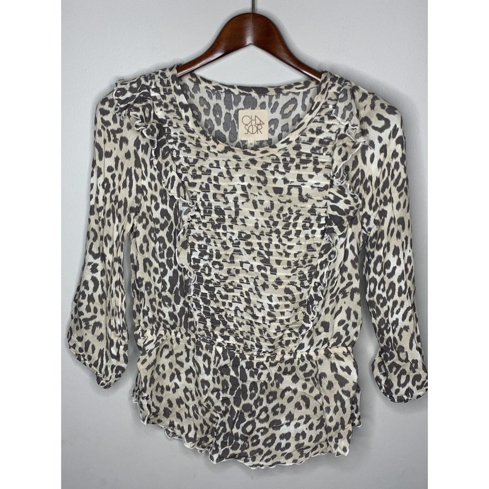 Chaser Leopard Print Blouse Womens Medium Gray Ruffle Smocked Peplum Boho Earthy